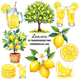 May include: Watercolor illustrations of lemons and lemonade. The image includes a lemon tree, a potted lemon plant, glasses of lemonade, lemon slices, and whole lemons. Text reads "Lemons 16 Transparent PNG Commercial Use."