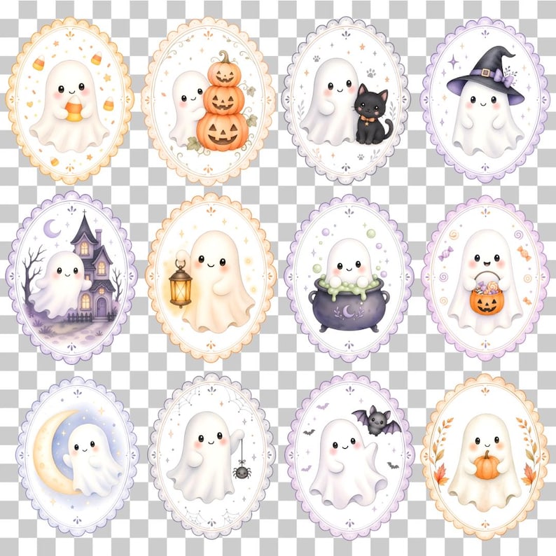 Cute pastel Halloween ghost frame clipart bundle featuring watercolor ghosts with pumpkins, lanterns, bats, moon, candy, and haunted house inside scalloped oval frames on transparent PNG backgrounds.