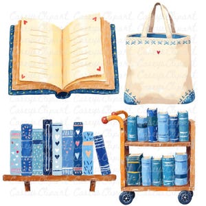 Watercolor bookstore clipart set with blue decorative books, stacked novels, bookshelf, reading glasses, candle, tote bag, bookmark, lamp, and a sleeping cat on books, illustrated in soft blue and cream tones on a white background.