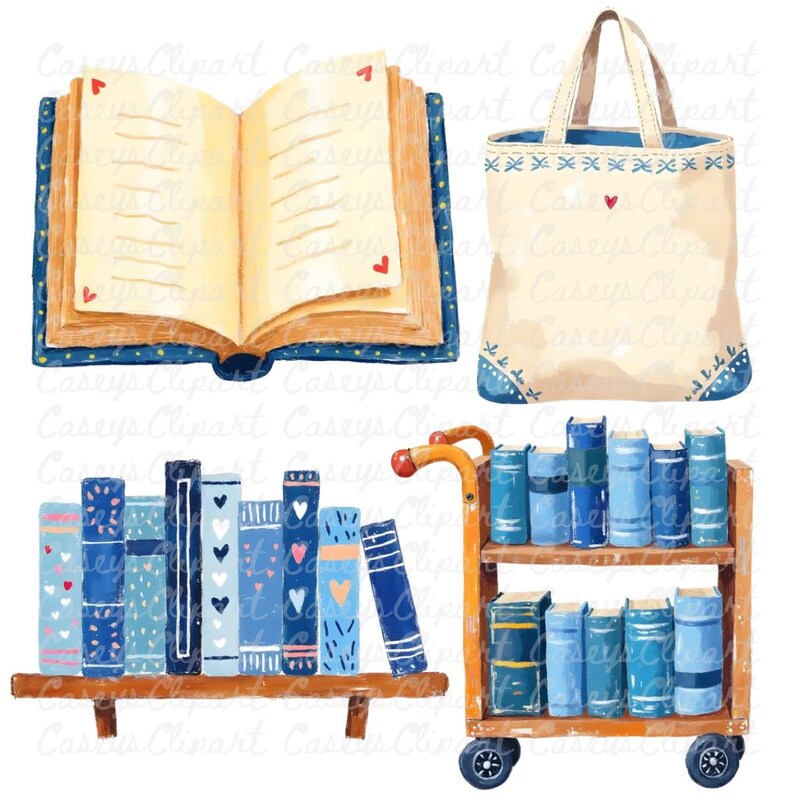 Watercolor bookstore clipart set with blue decorative books, stacked novels, bookshelf, reading glasses, candle, tote bag, bookmark, lamp, and a sleeping cat on books, illustrated in soft blue and cream tones on a white background.