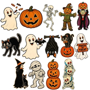 14-piece vintage Halloween clipart bundle featuring retro black cats, bats, skeletons, pumpkins, vampires, ghosts, and spooky characters in bright classic Halloween colors with nostalgic vintage aesthetic, isolated PNG designs.