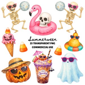 May include: Watercolor illustrations featuring a Summerween theme. Includes skeletons with sunglasses, a flamingo float with a skull, a spooky ice cream cone, a pumpkin with sunglasses, a ghost with sunglasses, and a drink with a pumpkin on top.