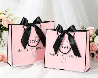 Personalized Pink Birthday Gift Bag, 18th Birthday Gift Bag, Luxury Ribbon Gift Bag for Party, Wedding Party Gift Bags, Thank You Bags