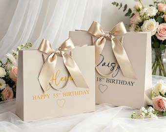 Champagner-Geburtstagsgeschenktasche, personalisierte 18. Geburtstags-Namensgeschenktasche, Luxusbandgeschenktasche, Hochzeitsgeschenktaschen, danke Taschen