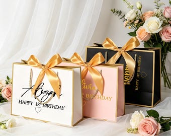 Personalized Birthday Gift Bag, Custom Name & Age Gift Bag, Luxury Ribbon Gift Bag for Party, 18th 21st Birthday Gift Bag, Thank You Bags