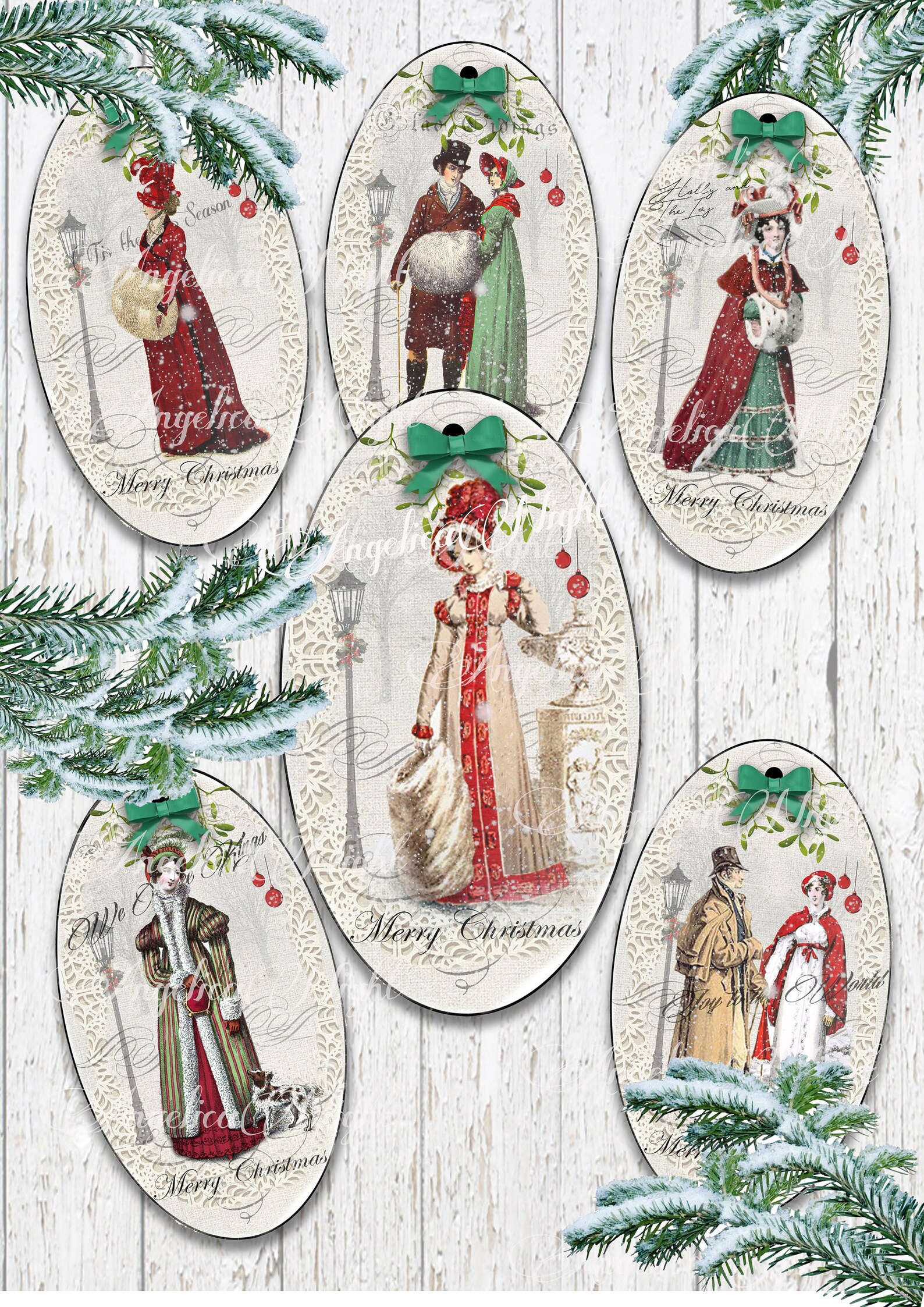 Regency Ladies Christmas. Winter scenes 6 oval tags/labels