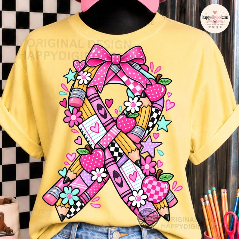May include: A pale yellow t-shirt featuring a large graphic of a ribbon shape constructed from pink and yellow pencils, lined paper, and checkered patterns. The design includes pink bows, small white flowers, teal stars, and pink polka-dot apples.