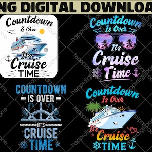 Può includere: Una grafica digitale scaricabile con quattro design che presentano illustrazioni di navi da crociera e le frasi "Countdown is Over" e "It's Cruise Time". I design includono occhiali da sole, ancore ed elementi nautici.