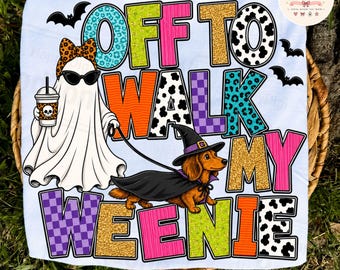 Wychodzę na spacer z moim parówkiem PNG, zabawny duch na Halloween z jamnikiem PNG, projekt doxie na Halloween dla mamy psa, słodki kostium miłośnika psów, sublimacja PNG Art