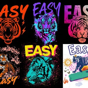 Paquete de PNG de tigre fácil, diseño de camiseta de tigre preppy, PNG de tigre salvaje con pinceladas retro, sublimación de garabatos coloridos y divertidos, 6 diseños DTF