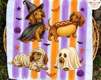 Halloween Dachshund PNG, projekt kostiumu jamnika, grafika z kiełbasą Doxie, plik z jesiennymi paskami w kolorze fioletowo-pomarańczowym