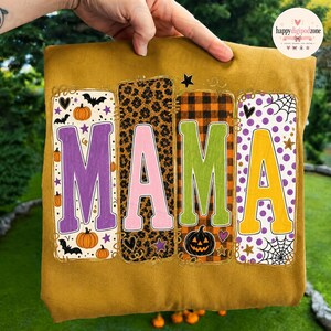 Herbst-Mama (PNG), Halloween-Mama-Shirt-Design, Leoparden-Karo-Patchwork-Buchstaben, Retro-Herbst-Sublimations-PNG (PNG), Kürbisbeet-PNG