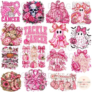May include: A collection of sixteen digital illustrations featuring pink breast cancer awareness themes, including skulls, ghosts, pumpkins, footballs, cows, fish, cowboy boots, and stethoscopes, all decorated with pink ribbons and bows.