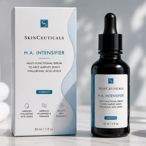 May include: A skincare product display featuring a black bottle with a dropper and a white box. Both items have the text "H.A. Intensifier" and "SkinCeuticals". The box and bottle are labeled with product information, including "30 ml / 1 fl oz".
