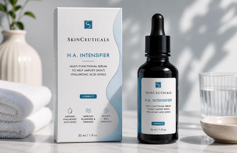 May include: A skincare product display featuring a black bottle with a dropper and a white box. Both items have the text "H.A. Intensifier" and "SkinCeuticals". The box and bottle are labeled with product information, including "30 ml / 1 fl oz".