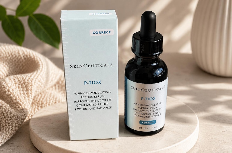 K&ouml;nnte beinhalten: Ein SkinCeuticals P-TIOX faltenmodulierendes Peptid-Serum in einer dunklen Glastropfflasche mit schwarzem Verschluss, begleitet von der hellblauen Pappschachtel. Die Verpackung zeigt den Text P-TIOX, 30 ml / 1 fl oz sowie die Produktvorteile.