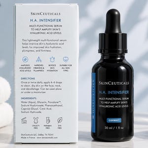 May include: A black SkinCeuticals H.A. Intensifier serum bottle with a dropper, next to a white box with product information. The bottle contains 1 fl oz (30 ml) of serum. The text on the bottle and box describes the product's benefits for skin hydration and firmness.
