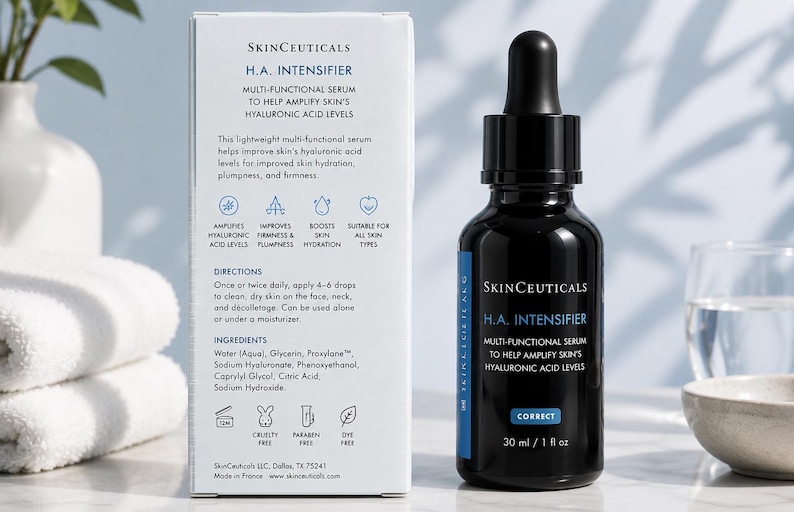 May include: A black SkinCeuticals H.A. Intensifier serum bottle with a dropper, next to a white box with product information. The bottle contains 1 fl oz (30 ml) of serum. The text on the bottle and box describes the product's benefits for skin hydration and firmness.