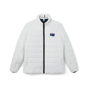 May include: White quilted jacket with a black zip and trim. The jacket features a small Australian flag patch on the chest and the word "AVBTA" above the collar. The jacket has a stand-up collar.