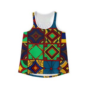 May include: A sleeveless tank top with a vibrant geometric pattern. The design features squares with green, yellow, red, and blue shapes. The top has a white trim around the neckline and armholes.