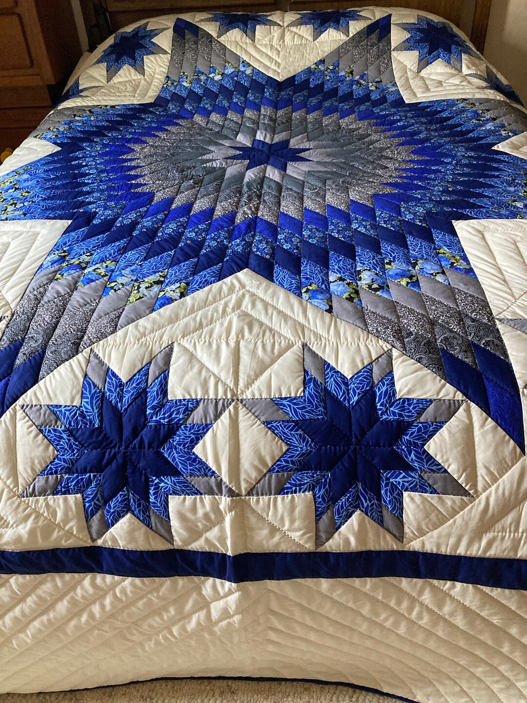 Blue Lone Star, Amish Quilt, Amish Handstitched, Queen Size, Handmade