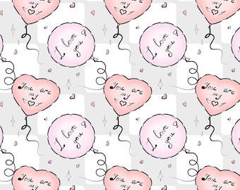 Ręcznie rysowany, bezszwowy, cyfrowy wzór walentynkowy do druku – powtarzający się wzór balonów z napisem „Kocham Cię”