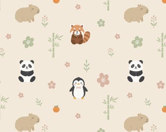 Wzór „Małe zwierzątka i bambus” bez szwu, tkanina dla dzieci i projekt papeterii (do pobrania w wersji cyfrowej)