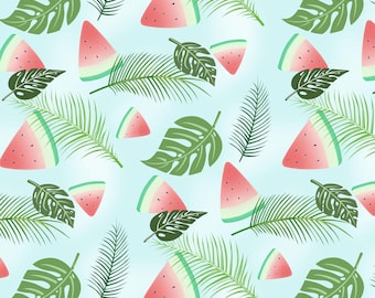 Wzór z plasterkami arbuza, palmami i liśćmi paproci – ręcznie rysowany letni tropikalny wzór