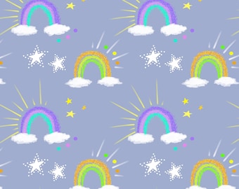 Ręcznie rysowane tęcze na chmurach z gwiazdami – bezszwowy wzór na tkaninie dla dzieci (cyfrowy)