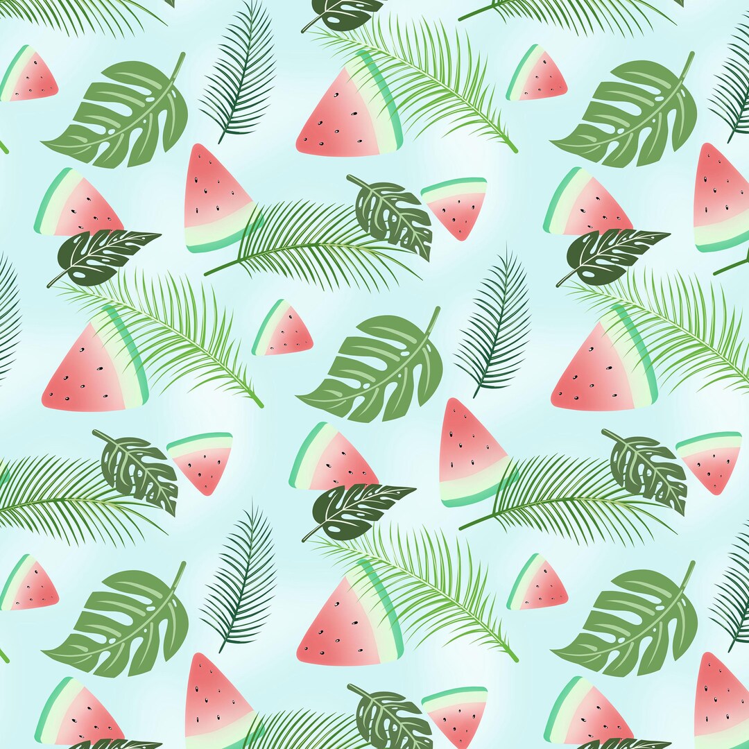 Watermelon Slices Seamless Pattern With Palm and Fern Leaves – Hand ...