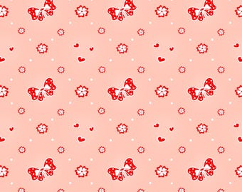 Czerwono-białe kokardki, serca i kwiaty, bezszwowy wzór na odzież dziecięcą