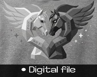 Koszulka z końmi Yin Yang, gotycki wzór szachowy, symbol miłości pegaza w stylu dark fantasy