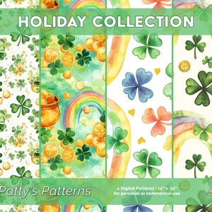 Könnte beinhalten: Vier digitale nahtlose Muster mit Aquarell-Illustrationen von Kleeblättern, Regenbögen und Goldmünzen. Die Muster sind mit "St. Patty's Patterns" betitelt und Teil eines "Holiday Collection"-Sets.