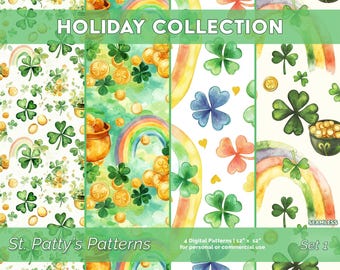 May include: Four digital seamless patterns featuring watercolor illustrations of shamrocks, rainbows, and gold coins. The patterns are titled "St. Patty's Patterns" and are part of a "Holiday Collection" set.