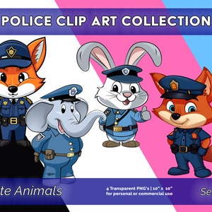 Policiais de animais fofos, linha azul fina, polícia, clipart de primeiros socorros, download digital, uso comercial - clipart de desenho animado, estilo 1