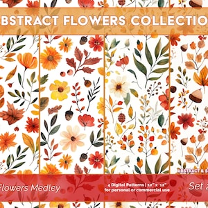 Watercolor Fall Flowers, Floral Medley, Autumn Digital Paper, SEAMLESS,  Watercolor Patterns, Commercial Use, Abstract, Colors, Set 2