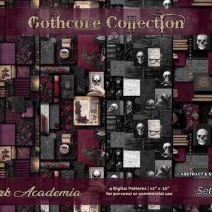May include: A digital pattern set featuring a collage of gothic and academic elements. The design includes skulls, books, crosses, and floral accents in shades of burgundy, black, and gray. The text reads "Gothcore Collection" and "Dark Academia".
