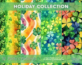 Könnte beinhalten: Vier digitale nahtlose Muster mit Aquarell-Kleeblättern in Grün-, Gelb-, Blau- und Rottönen. Die Muster sind 12 Zoll mal 12 Zoll groß und Teil einer St. Patty's Patterns-Kollektion.
