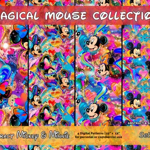 May include: Four digital seamless patterns featuring Mickey Mouse and Minnie Mouse in a colorful abstract design with hearts, stars, and swirls. The patterns are 12 inches by 12 inches and are for personal or commercial use.  The text "Magical Mouse Collection" and "Abstract Mickey & Minnie" are at the top and bottom of the image. The text "Abstract & Seamless" and "Set 1" are in the bottom right corner of the image.