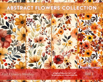 May include: Set of four digital seamless patterns featuring abstract watercolor flowers in shades of orange, yellow, and red. The patterns are 12 inches by 12 inches and are perfect for personal or commercial use. The title of the set is "Fall Flowers Medley" and the set number is "Set 1".