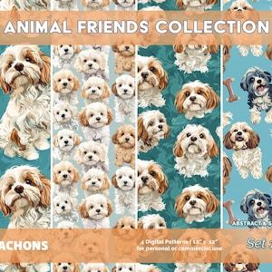 Könnte beinhalten: Ein Set mit vier digitalen Mustern, die ein sich wiederholendes Muster von niedlichen Cavachon-Hunden auf einem blaugrünen Hintergrund zeigen. Die Muster sind 30,5 cm x 30,5 cm groß und für den privaten oder gewerblichen Gebrauch bestimmt. Der Text "ANIMAL FRIENDS COLLECTION" und "Set 1" ist im Bild enthalten.