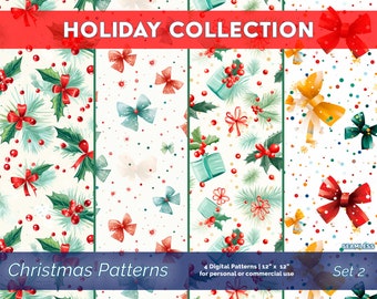 May include: Four digital seamless Christmas patterns featuring red, green, and white bows, holly, and gifts on a white background. The patterns are 12 inches by 12 inches and are for personal or commercial use. This is set 2 of the holiday collection.