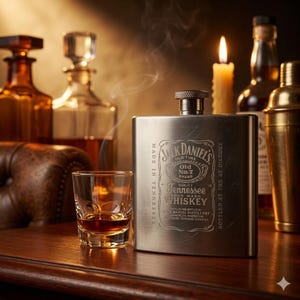 Könnte beinhalten: Eine Edelstahl-Flachmann mit dem Jack Daniel's Old No. 7 Brand Logo, ein Shotglas mit bernsteinfarbener Flüssigkeit und eine brennende Kerze. Der Flachmann steht auf einer Holzoberfläche, mit anderen Flaschen im Hintergrund.
