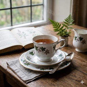 Juego de té Gainsborough de porcelana fina, diseño de hojas verdes, fabricado en Inglaterra.