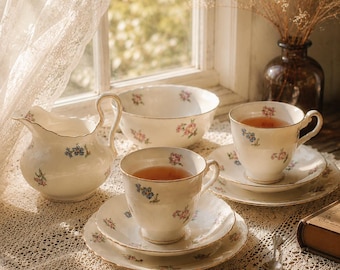 New Chelsea Fine Bone China Tea Set | Floral Sprays, Gilded Rims, England Circa 1950s