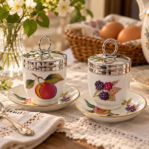 May include: Two white porcelain egg coddlers with polished silver metal lids featuring ring handles. Each coddler sits on a matching saucer and is decorated with colourful botanical illustrations of peaches and blackberries with green leaves.