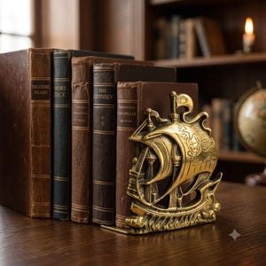Puede incluir: Un sujetalibros de latón con forma de barco de vela con mástiles y velas detallados, colocado junto a una fila de cinco libros de tapa dura que incluyen títulos como Treasure Island, Moby Dick y The Odyssey, sobre una superficie de madera oscura.