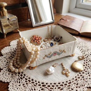 Puede incluir: Una colección de joyas antiguas exhibidas en una caja de porcelana decorativa. La caja contiene un broche de coral, collares de oro, un anillo de zafiro azul y un pendiente con forma de mariposa. También se ven un collar de perlas y otros pendientes.