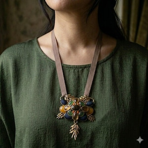 Monet Statement Pendant Necklace, Multi-Color Cabochon Boho Medallion, Gold-Tone Botanical Leaves, Ribbon Cord