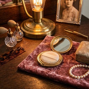 Op de afbeelding: Een goudkleurige metalen poederdoos met een open deksel dat een ronde witte poederdons onthult. De poederdoos ligt op een vierkant van mauve fluwelen stof naast een parelketting, een schildpadkam, twee glazen parfumverstuivers en een lamp.